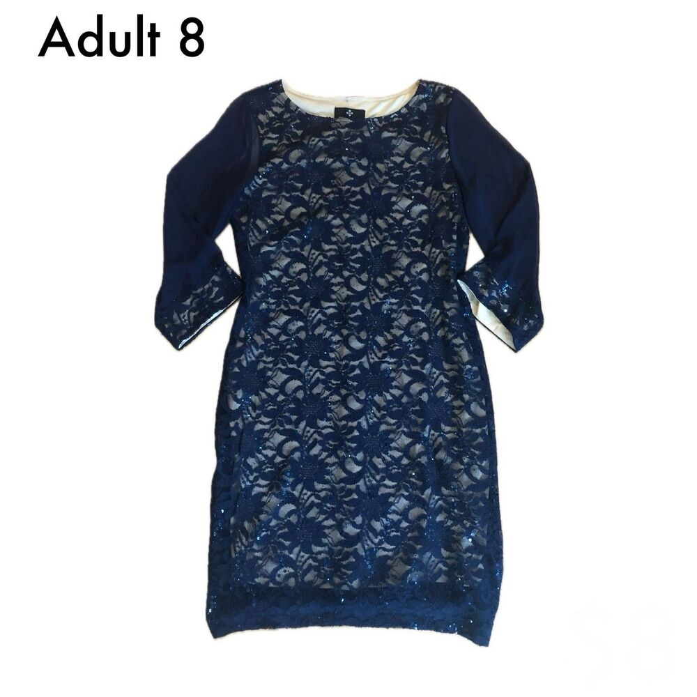 Ronni Nicole Size 8 Sheath Dress Navy Blue Lace Sequin Floral Cocktail Party